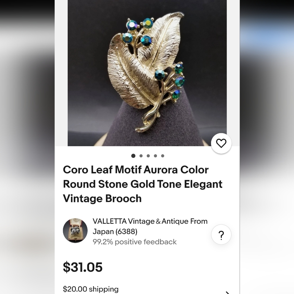 Coro Vintage Goldtone Textured Leaves Brooch with Teal AB Crystal Accent Buds - Picture 6 of 7